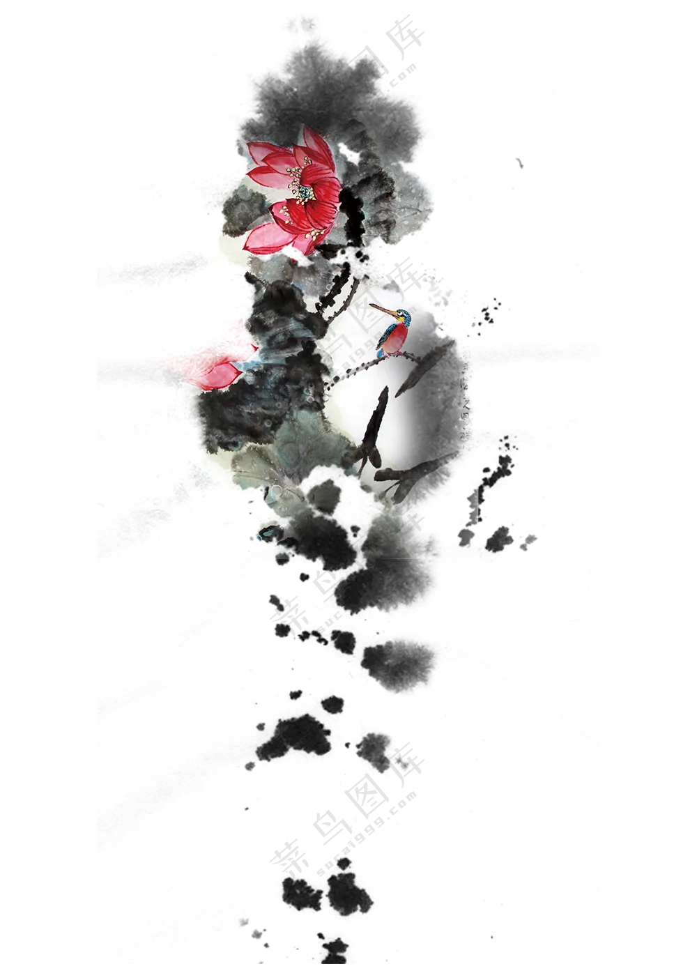 水墨绘画创意荷花小鸟PNG图片素材