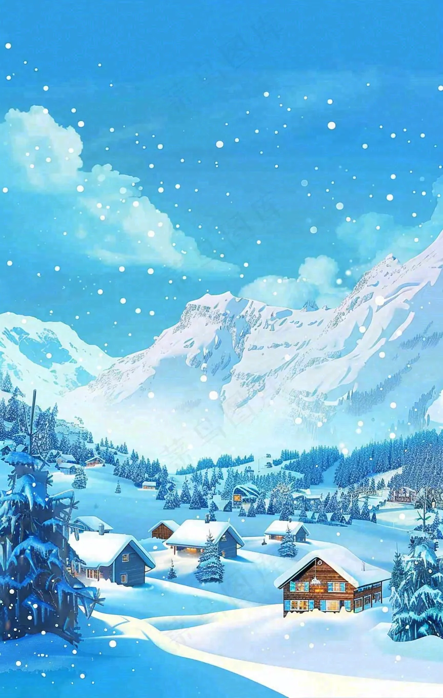 冬季大雪纷飞雪山脚下的城镇村庄小雪大雪大寒背景