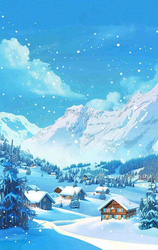 冬季大雪纷飞雪山脚下的城镇村庄小雪大雪大寒背景