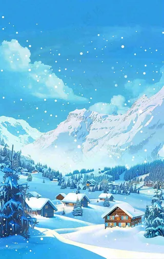 冬季大雪纷飞雪山脚下的城镇村庄小雪大雪大寒背景