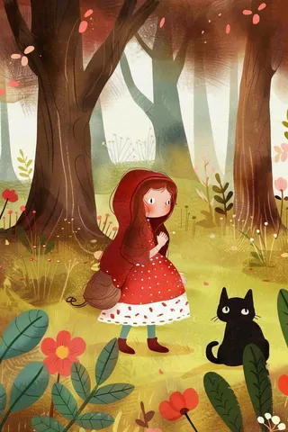 小红帽森林采蘑菇猫咪可爱童话儿童节卡通插画背景