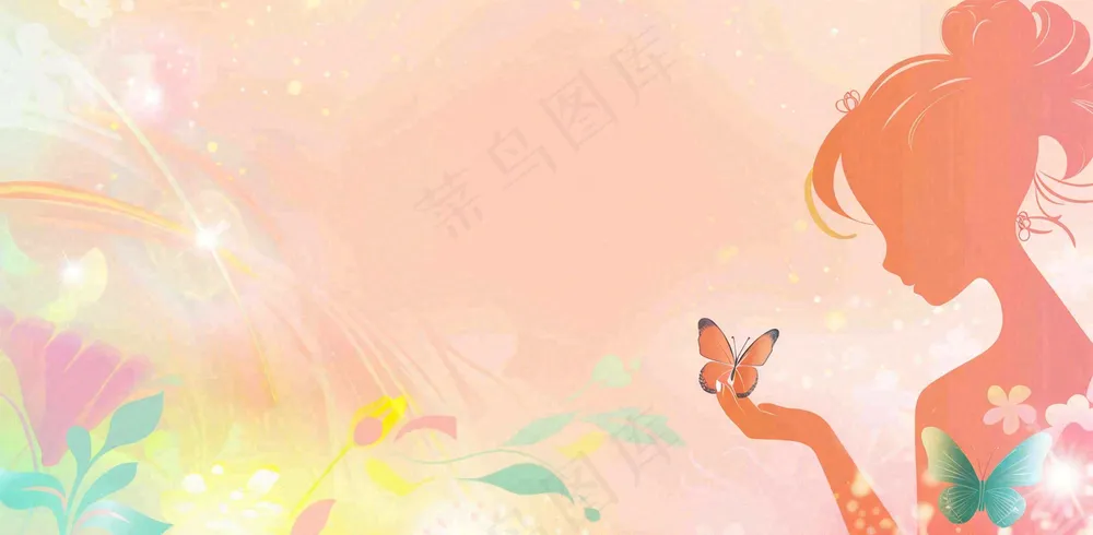 粉色女生美丽蝴蝶浪漫唯美妇女节插画背景