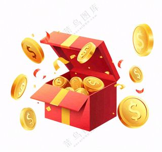 金币财富礼盒钱卡通免抠