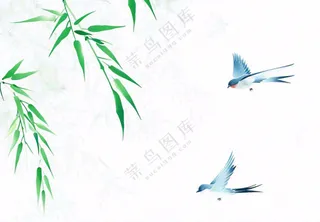 春天绿竹随风青鸟水墨画插画免抠