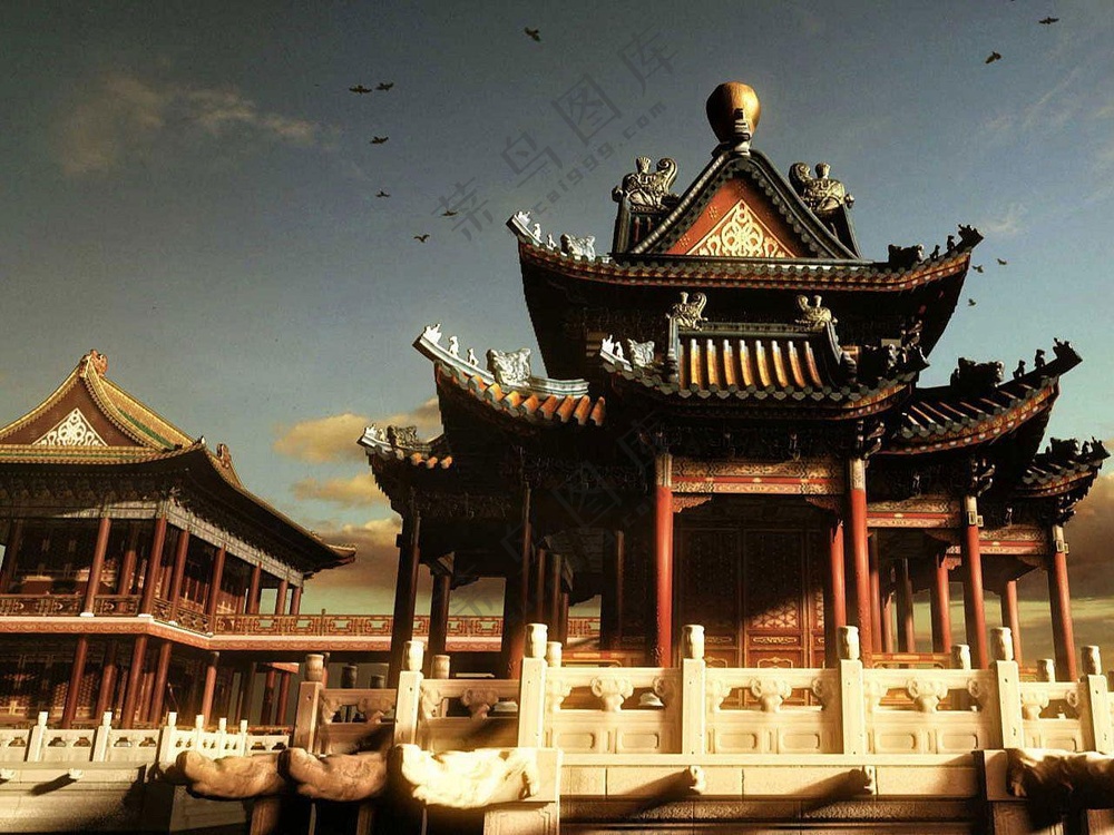 大明宫复古楼建筑+复古风+朱砂红+背景古建筑图
