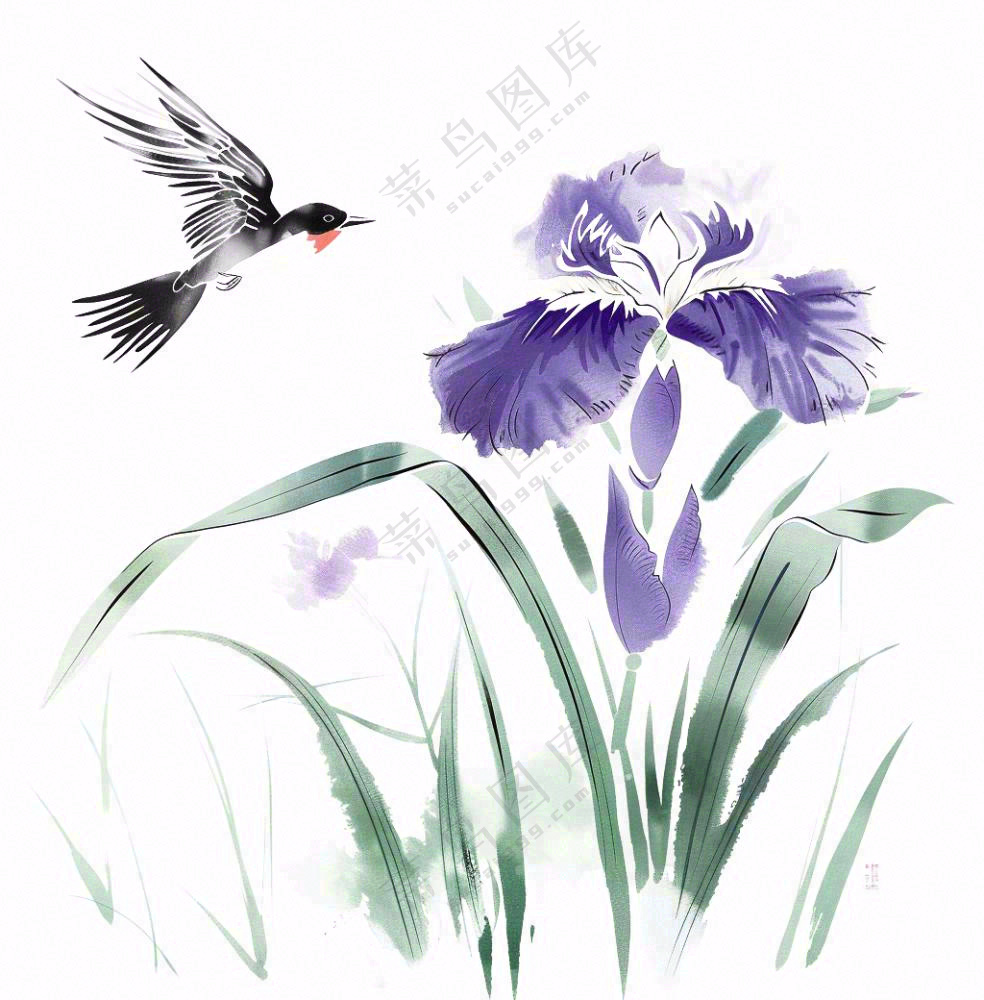 水墨画兰花鸟类紫色兰花插画免抠