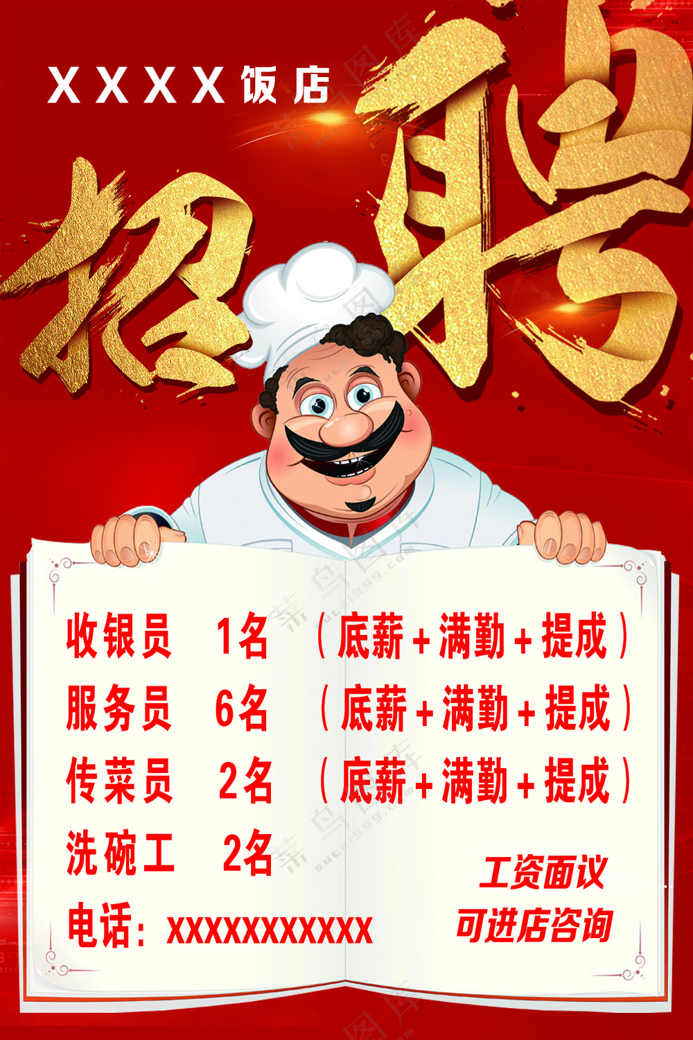 红色卡通饭店招聘
