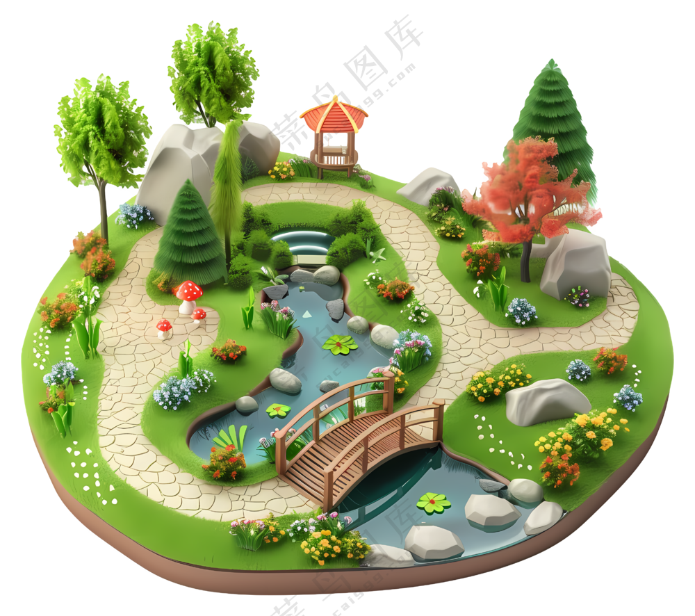 带桥和小径的微型花园