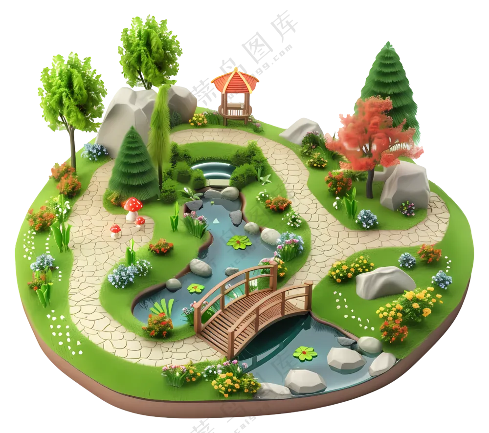 带桥和小径的微型花园