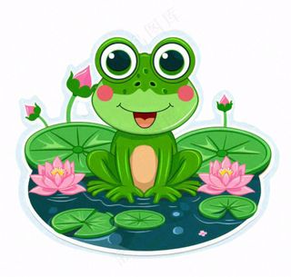 夏天池塘荷叶荷花青蛙动物卡通插画免抠