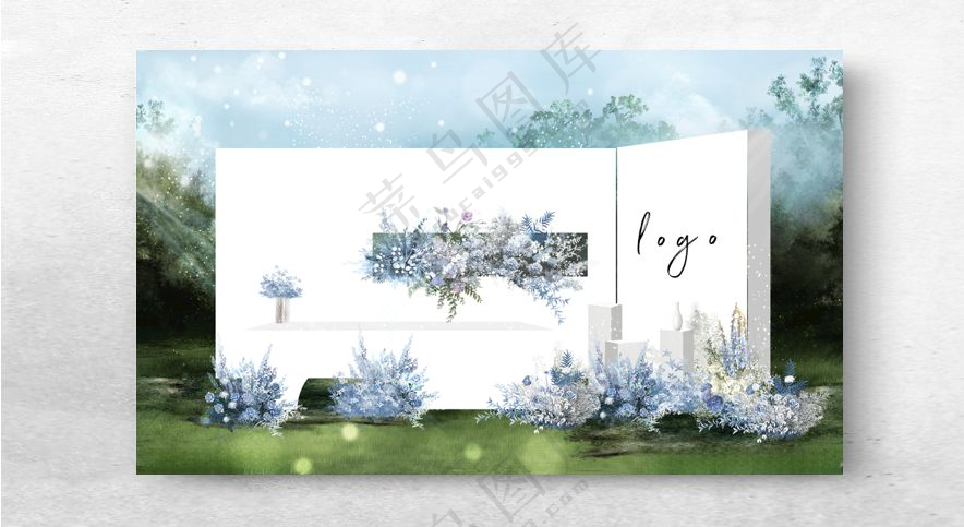 白蓝水元素婚礼效果图展示区域PSD分层素材