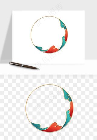 国潮风祥云浪花圆形矩形边框png免抠