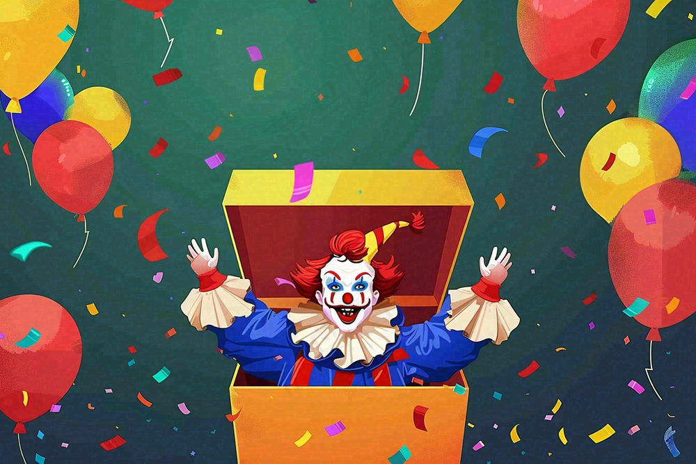 小丑搞怪马戏团游乐园愚人节气球彩带庆祝卡通插画背景
