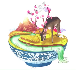 矢量碗  鹿  梅花  国潮鹿  水流