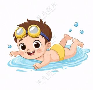 学习游泳的学生儿童卡通插画免抠