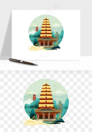 国潮城市地标山水建筑png免抠