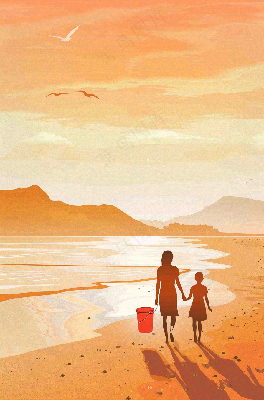 夕阳晚霞下的海洋沙滩亲子散步母亲节插画背景