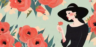 唯美鲜花女生女神妇女节插画背景