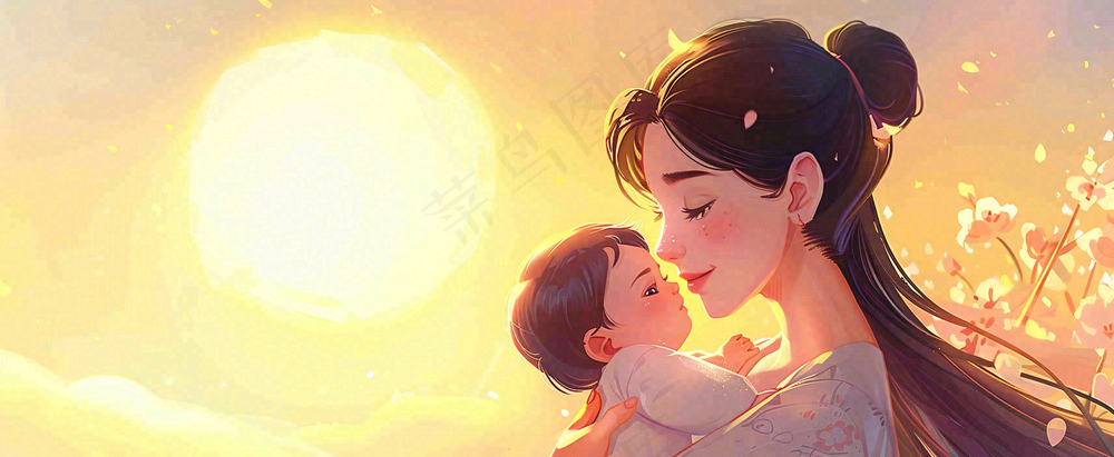 母亲节妈妈亲情抱着孩子鲜花光辉插画背景