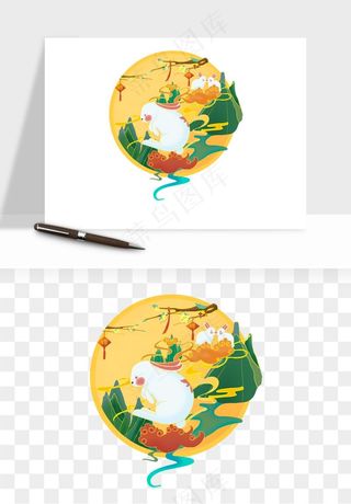 中秋月饼玉兔国潮插画png免抠
