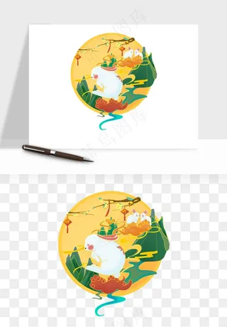 中秋月饼玉兔国潮插画png免抠