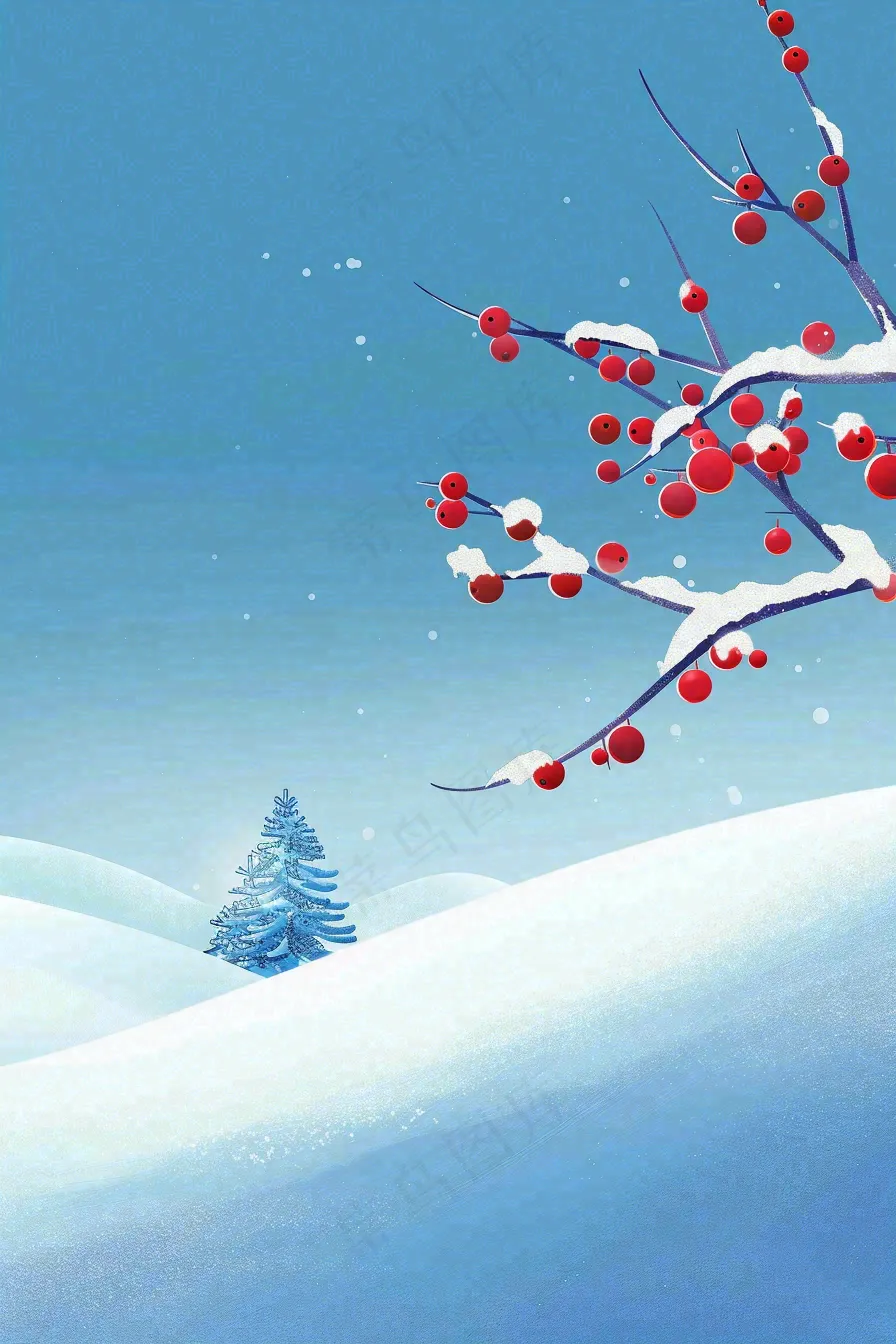冬天雪山白霜红色果实覆盆子霜降寒露背景