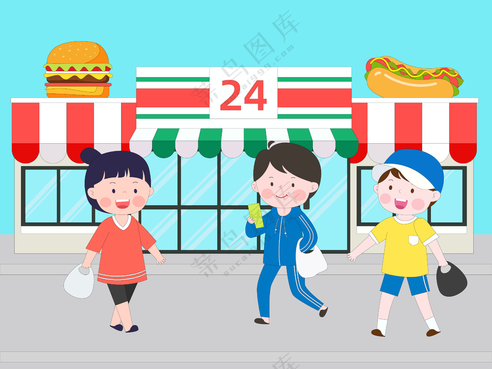 卡通可爱学生好朋友便利店一起买东西吃零食扁平化插画