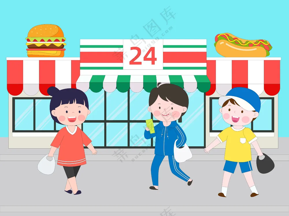 卡通可爱学生好朋友便利店一起买东西吃零食扁平化插画