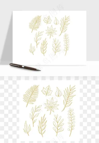 手绘金色叶子矢量png免抠