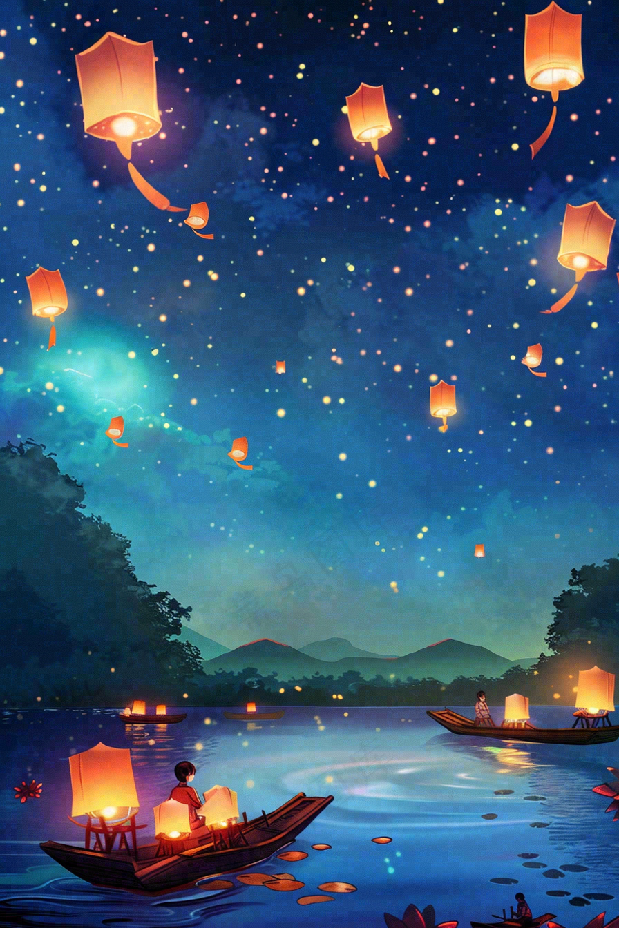 夜晚点灯孔明灯祈福中元节寒衣节插画背景