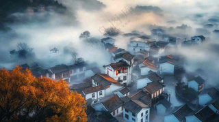 江南风景屋檐瓦舍雾村庄山林摄影图