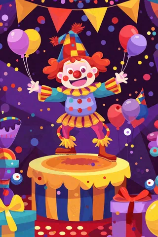 马戏团小丑表演开心紫色卡通搞怪愚人节插画背景