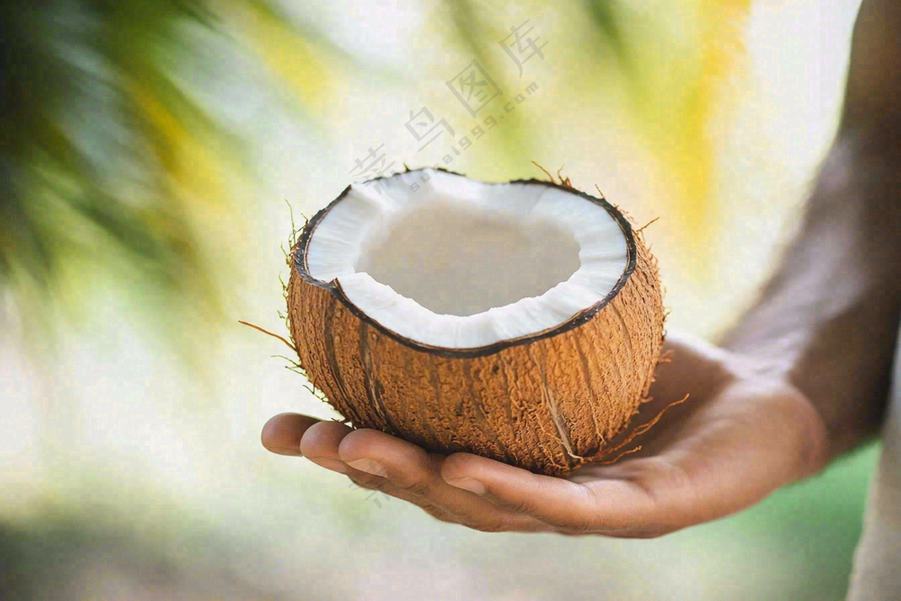 手捧椰子椰肉水果热带摄影图