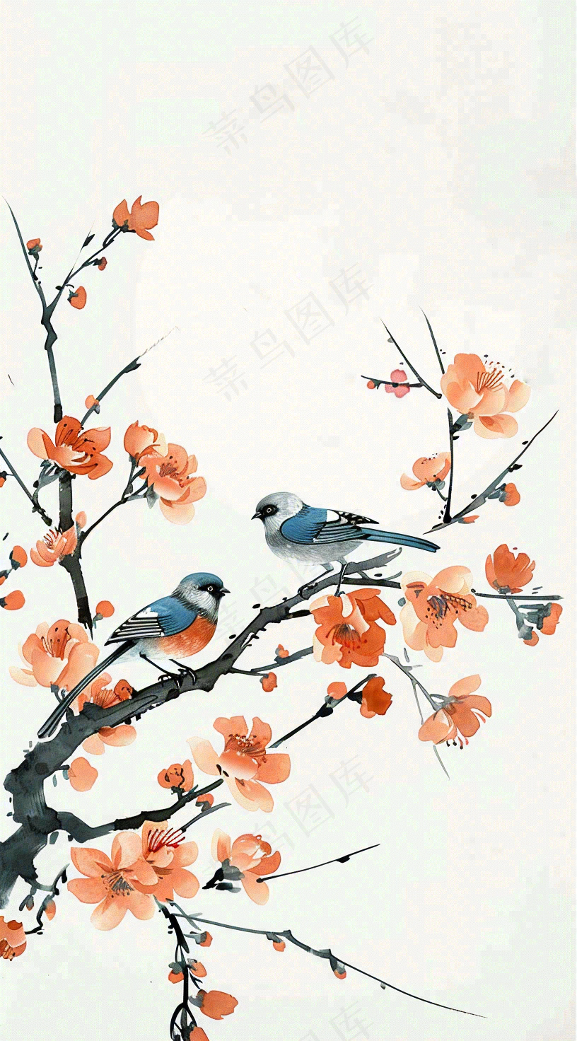 秋天凄冷树枝鸟儿花国风插画立秋白露寒露秋分背景