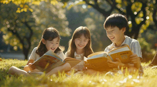 公园草坪看书阅读的学生孩子们知识兴趣世界读书日摄影图