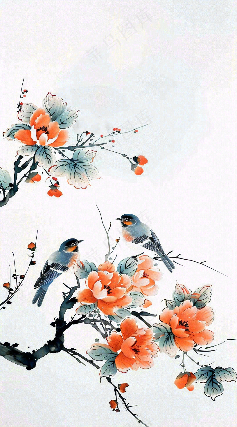 秋天凄冷树枝鸟儿花国风插画立秋白露寒露秋分背景