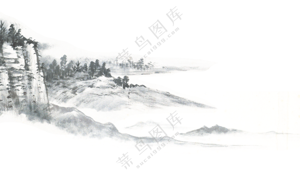 黑白水墨绘画群山树木风景免抠图片