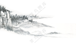 黑白水墨绘画群山树木风景免抠图片