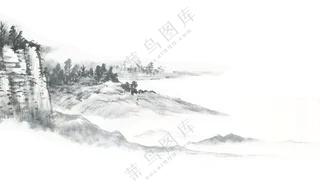 黑白水墨绘画群山树木风景免抠图片