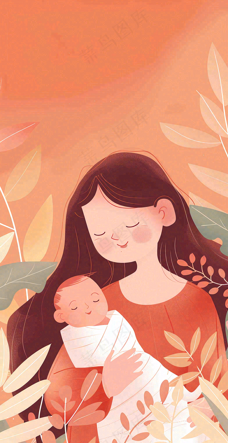 母亲节妈妈亲情抱着孩子鲜花光辉插画背景
