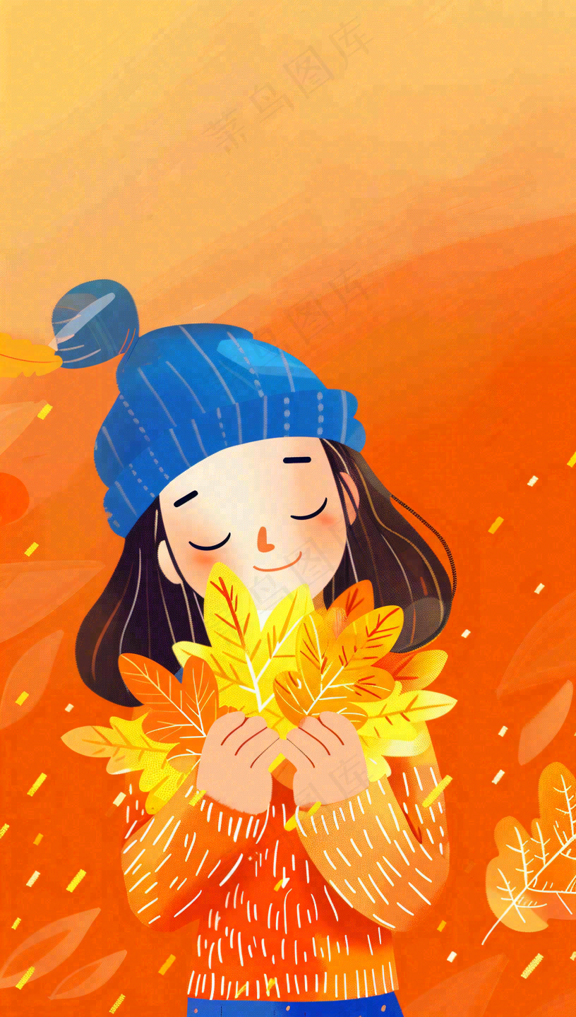 秋天女孩抱着落叶唯美卡通插画秋分立秋背景