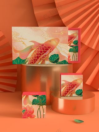 锦鲤中式传统中秋节月饼礼盒包装psd样机007