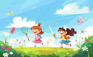 草坪扑蝴蝶的孩子们儿童节卡通插画背景