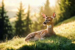 A deer resting in the grass on top of Mount Rainier, Washington, USA with trees and green meadows in the background. Soft sunlight highlights its features. Photographed by David Bradley using a Sony A