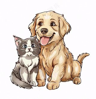 小狗小猫宠物动物卡通插画免抠