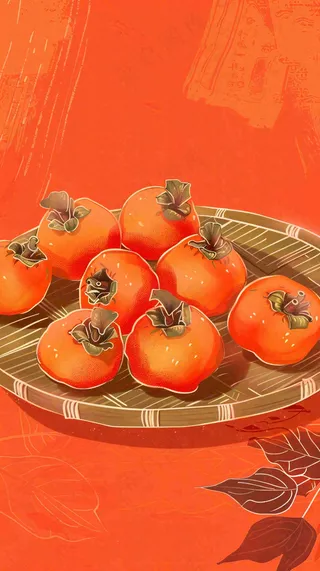 成熟的柿子水果红色背景插画霜降背景