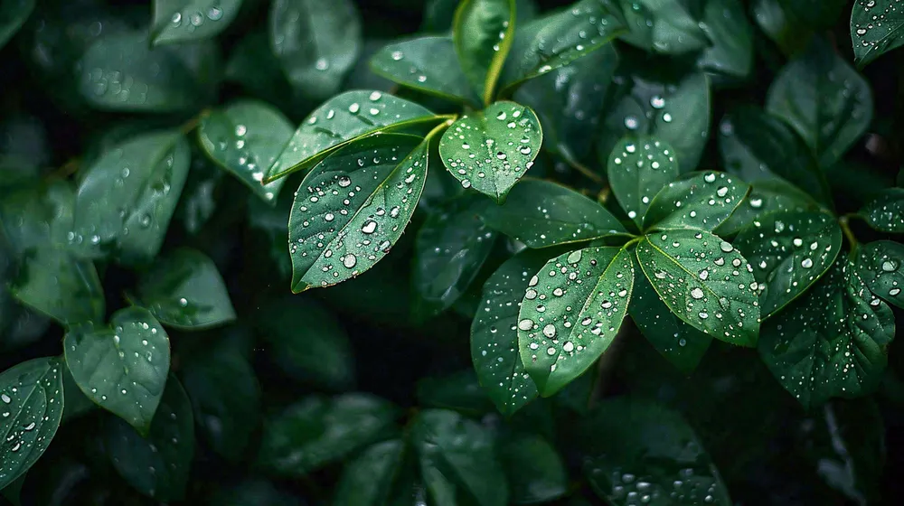 绿色植物绿叶上的露水雨水寒露摄影图