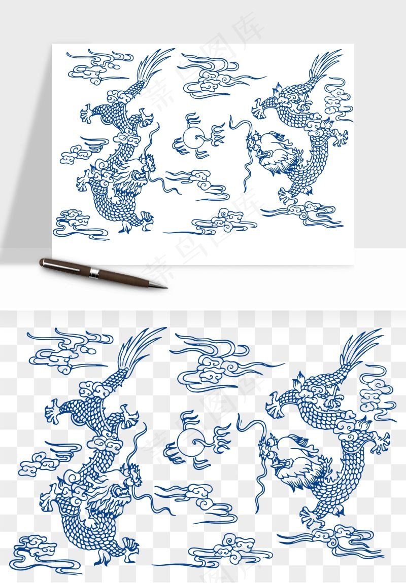 青花瓷花纹花卉图案png免抠