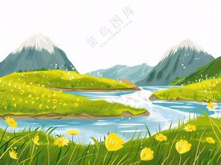 自然风景高原苔原湖泊新疆卡通插画免抠