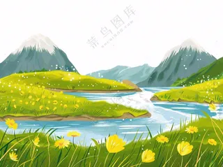自然风景高原苔原湖泊新疆卡通插画免抠